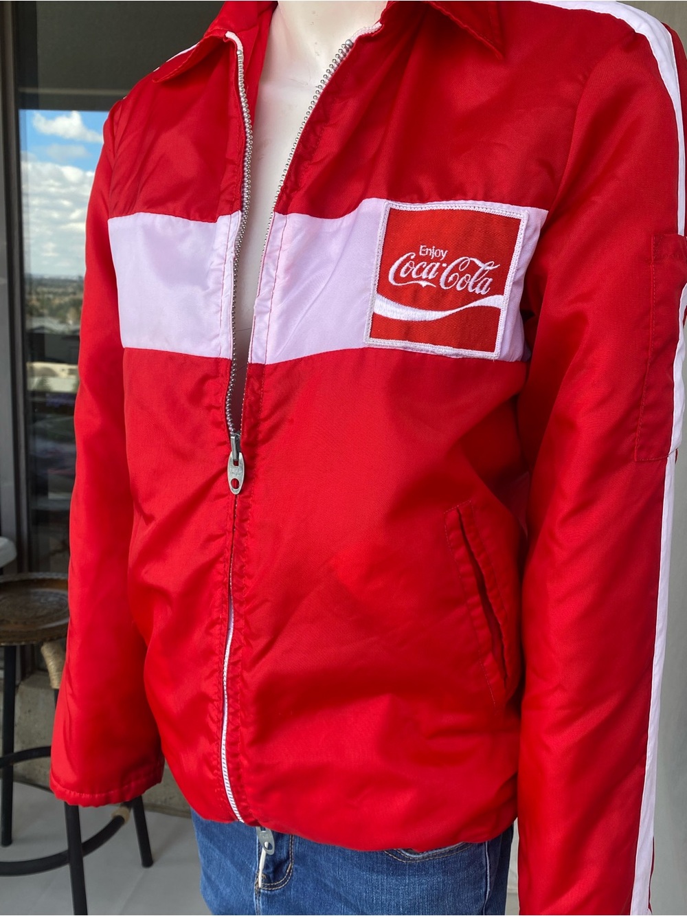 Vintage Coca Cola Jacket Red Nylon Zip Up Quilted Lined Retro Promo Mens Small
